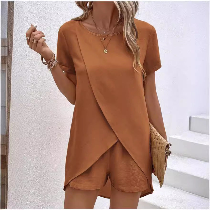 Solid Color Women's Top with Shorts