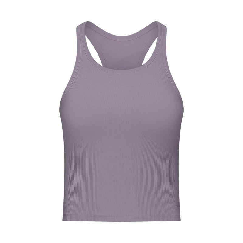 Round Neck Threaded Yoga Vest With Chest Pad