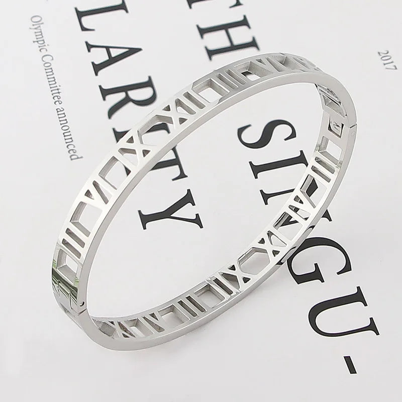 Delicate Hollow Roman Numeral Bangle