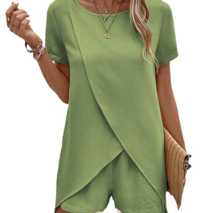 Solid Color Women's Top with Shorts