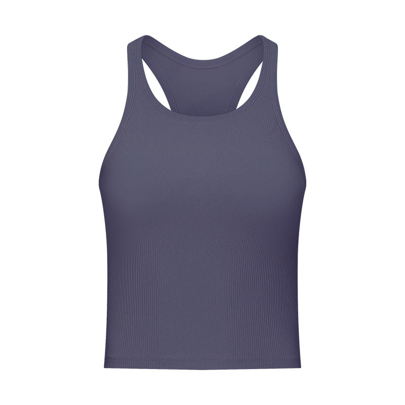 Round Neck Threaded Yoga Vest With Chest Pad