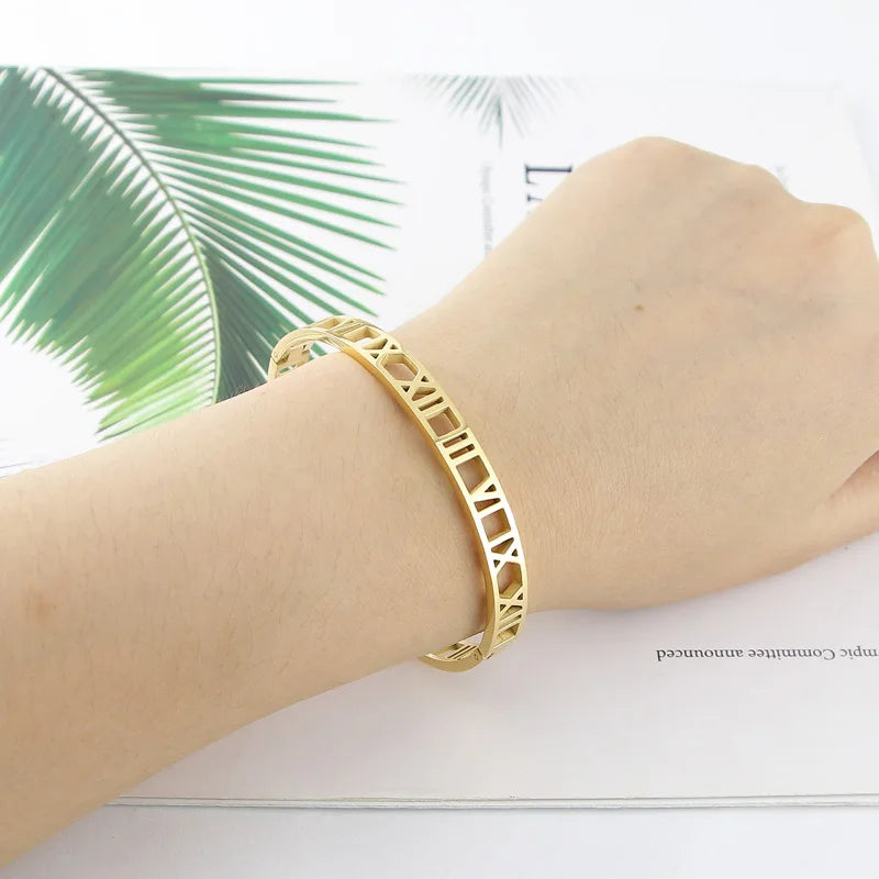 Delicate Hollow Roman Numeral Bangle