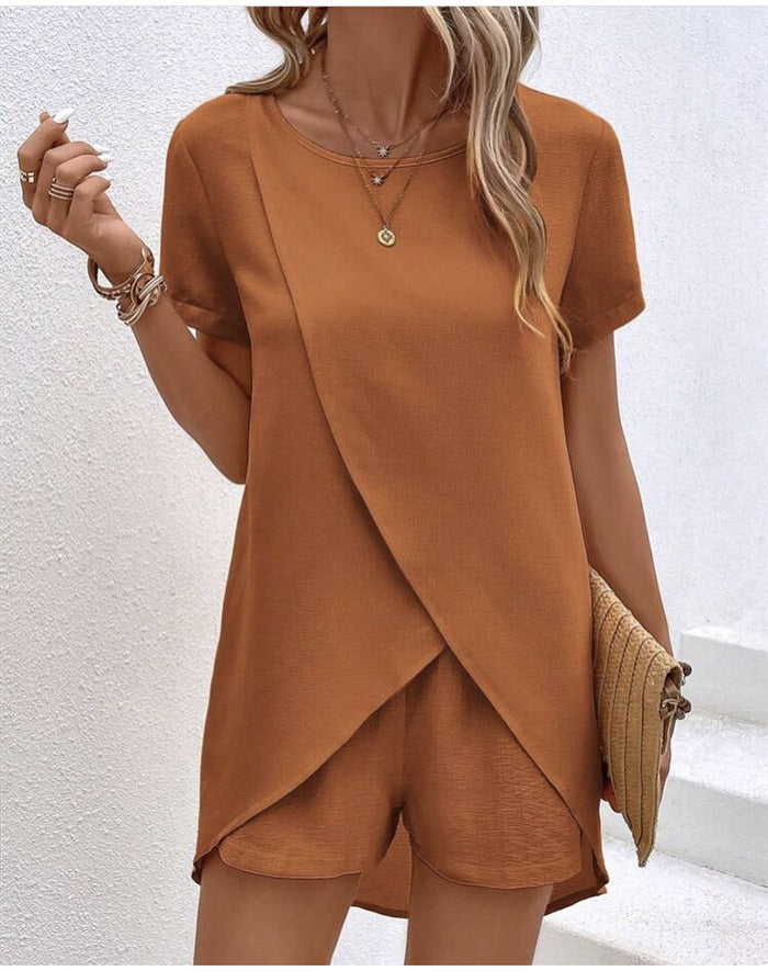 Solid Color Women's Top with Shorts