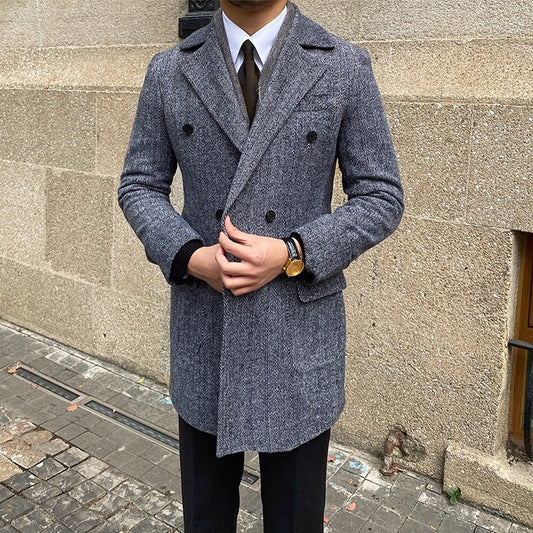 Double Row Mid-Length Tweed Coat