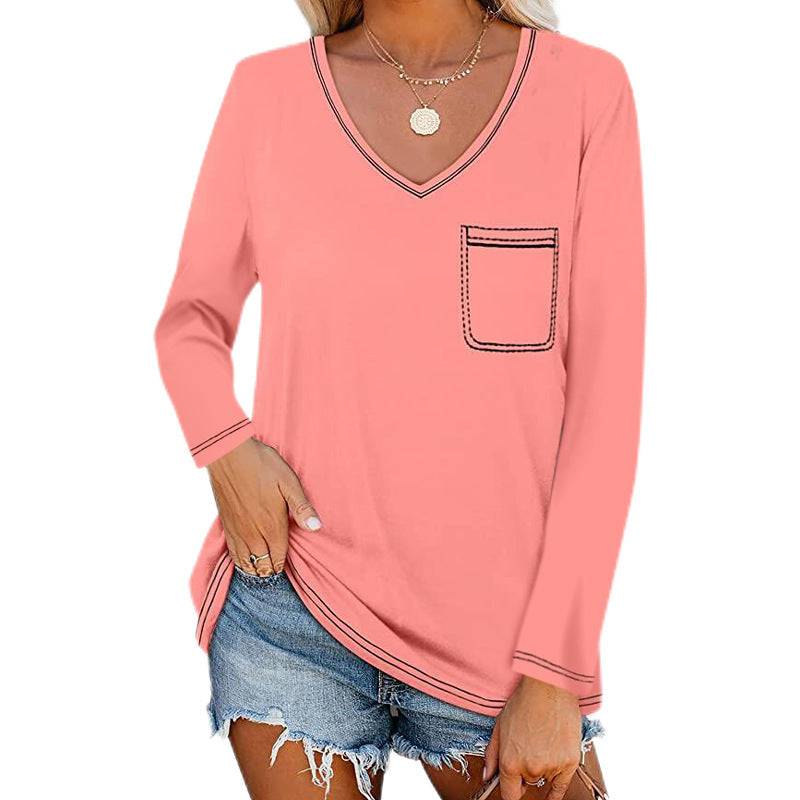 V-neck Long-sleeved Pocket Top