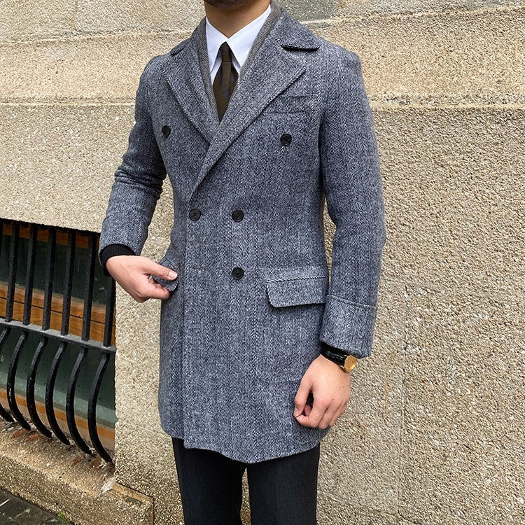 Double Row Mid-Length Tweed Coat