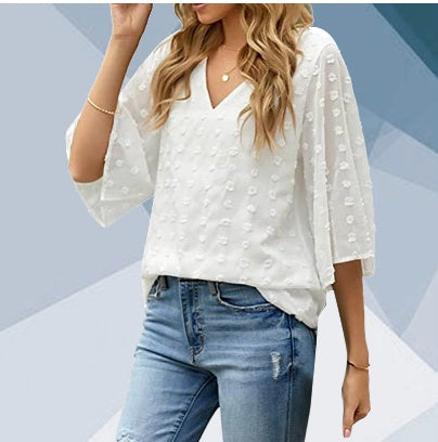 V-neck Three-quarter Sleeves Dotted Chiffon Blouse