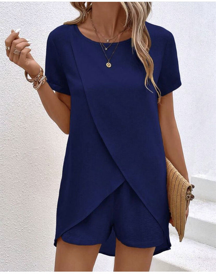 Solid Color Women's Top with Shorts